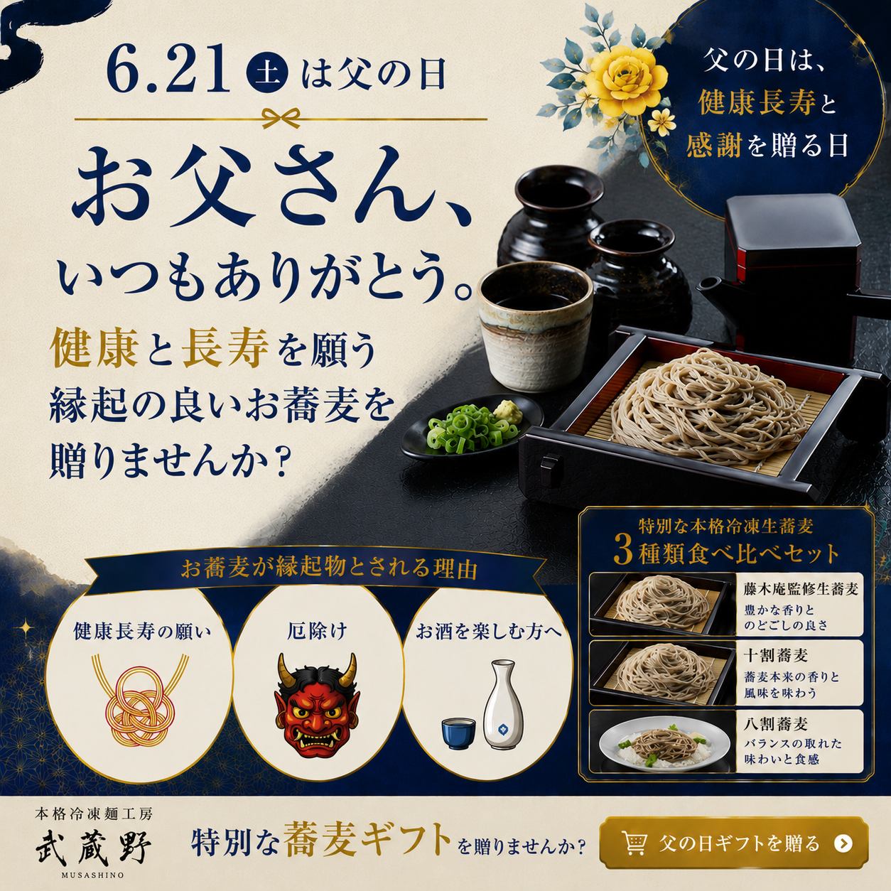 お父さんありがとう！麺のプロがお届け！国産蕎麦粉使用の冷凍生蕎麦3種。父の日ギフトに老舗の味を